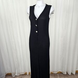 Barbara Lesser Black Crepe Gauze Sleeveless Maxi Dress Silver Buttons Size Small